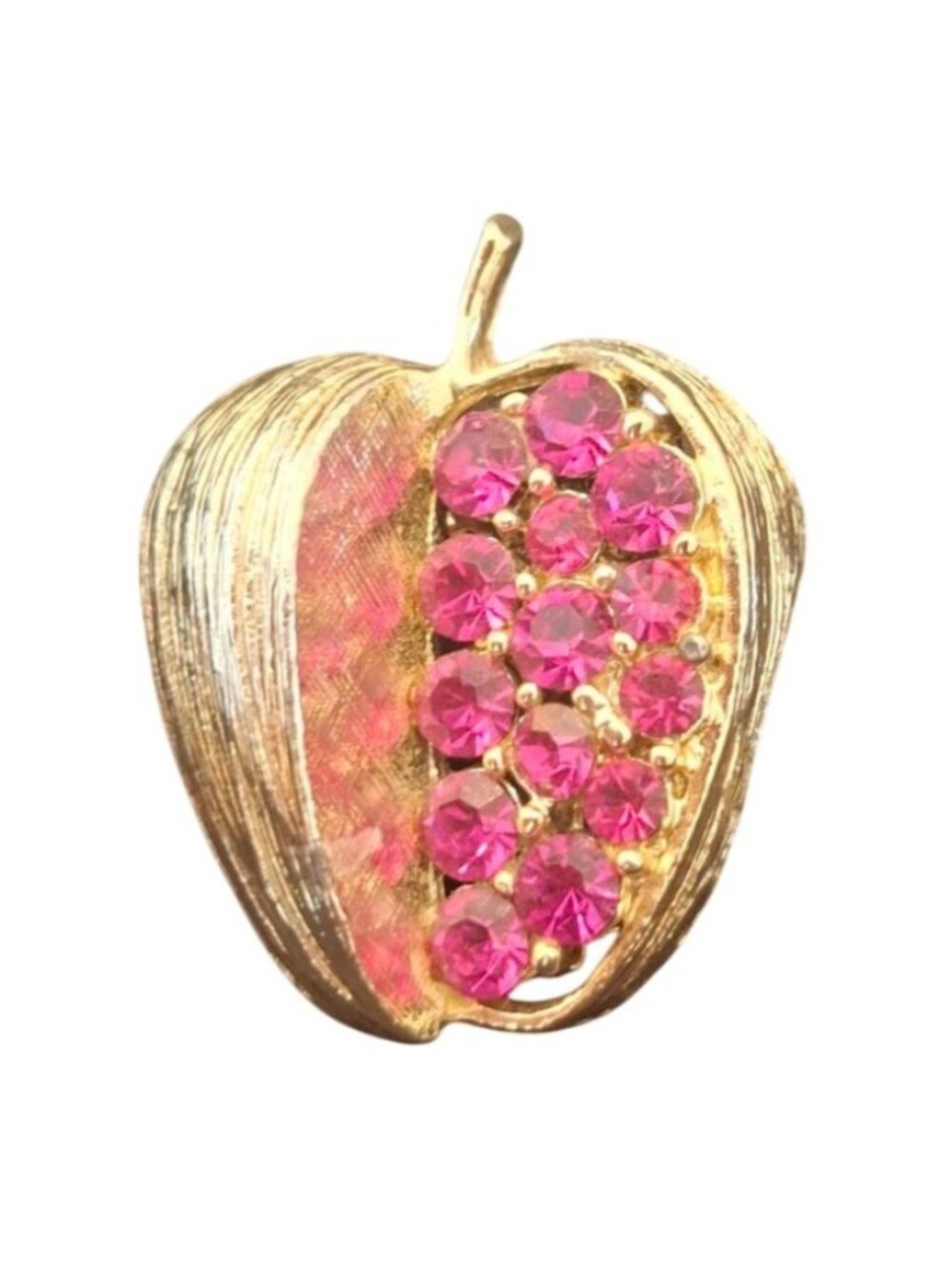 Vintage Gold Tone Apple Brooch Pink Rhinestone Teacher Pin Fruit Jewelry Gift